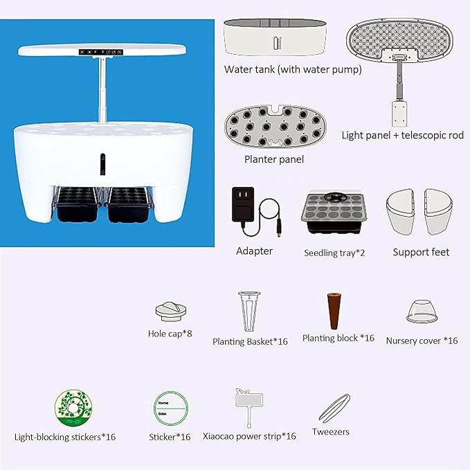 Aeroponic Tower Garden System 16 Holes Hydroponic Tower Hydroponics Tower with 24W Full Spectrum LED Grow Light 3 Light Modes for Home/Office/School White