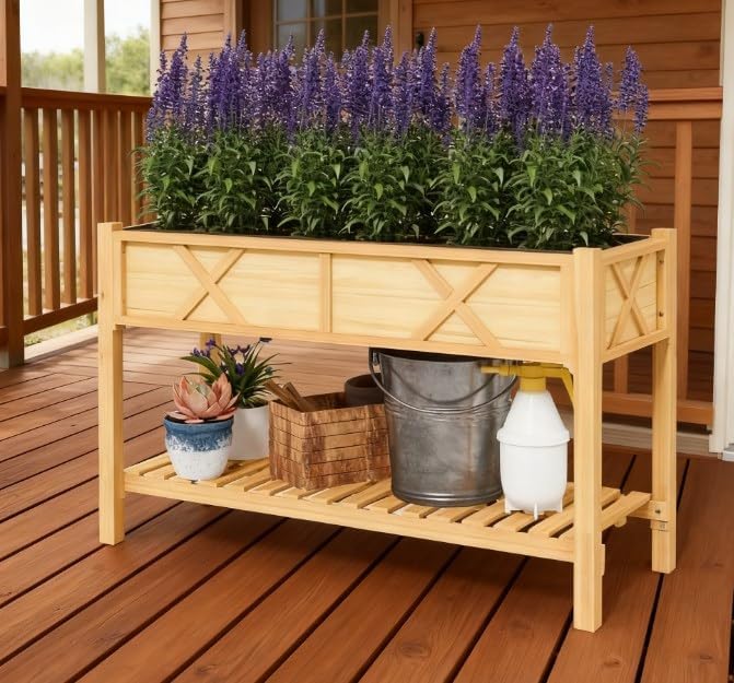 Dual Tier Elevated Wood Planter BoxRaised Garden Bedwith Storage ShelfDrainage Holesand Liner