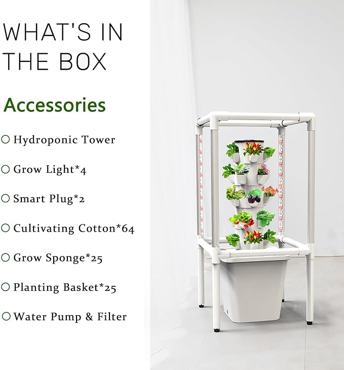 Hydroponics Tower Kit With LED Grow Light - Germination Kit With Hydrating Pump Net Pots Timer For Indoor Hydroponic Gardening - Smart Garden Planter Aeroponics Growing Kit With Adapter