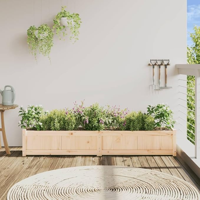 Large Rectangular Garden Planter Natural Solid Pine Wood 70.9 x 12.2 Inch Outdoor Raised Garden Bed for Flowers Herbs Vegetables