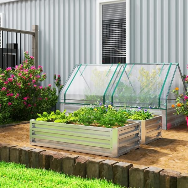 2-Pack Galvanized Raised Garden Bed with PE Greenhouse 47 x 23.5 x 12 Metal Planter Box for Vegetables Flowers Herbs Open Bottom Outdoor Garden Bed for Backyard Silver