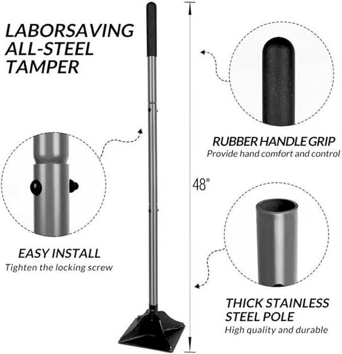 10 in Heavy Duty Steel Tamper Yard Soil Compactor for Landscaping Compacting Soil Gravel Asphalt Durable Hand Tamp Tool with Adjustable Handle(48 Length) (10 in)