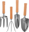 4pcs Wood Handle Garden Tool Set with Small Shovel Narrow Shovel 3-Tine Rake and Hand Cultivator for Lawn Care and Vegetable Planting