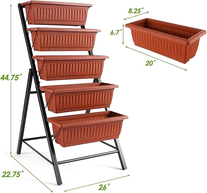 SEJOV 2 Pack Vertical Raised Garden Bed 5 Tiers Elevated Planter Box for Herbs Vegetables Flowers Graden Vertical Planter w/Drainage System for Patio Balcony Garden Outdoor Indoor Plants Dark Red