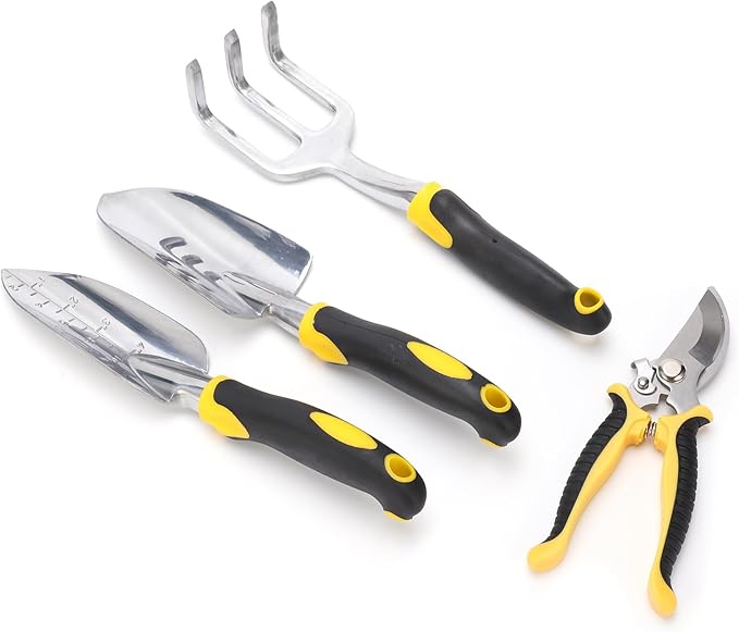 5Pcs Gardening Tool Kit Transplanting Spade Pruner with Cast Aluminium Head Heavy Duty Ergonomic Wood Handle for Planting Flowers Gardening Tool Kit Garden Tool Set Gardening