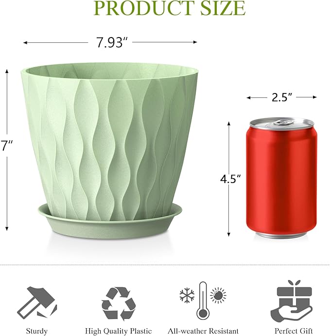 8 Inch Plant Pots with Saucers (4 Pack) - Modern Ribbed Flower Pots for Indoor Plants - Sturdy Decorative Planters for Snake Plant &amp Flowers - Drainage Holes (4 Green)