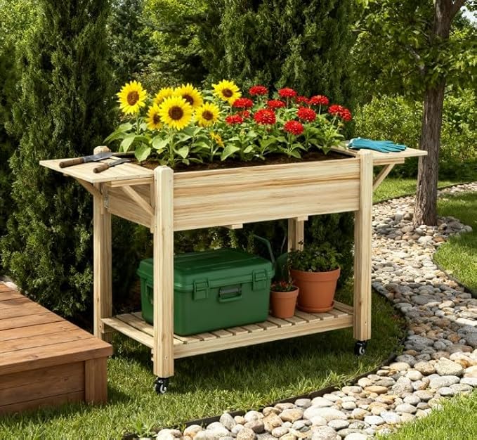 Optimal Elevated Garden BedWood Raised Planter Boxwith Lockable WheelsSide TablesBottom ShelfDrain Holes