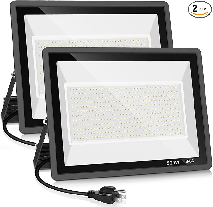 2 Pack 500W LED Flood Light Outdoor2750W Equivalent Super Bright FloodLight with Plug58600LM 5000K Daylight White IP66 Waterproof Commercial Lighting for Sports FieldsCountsArenaStadium
