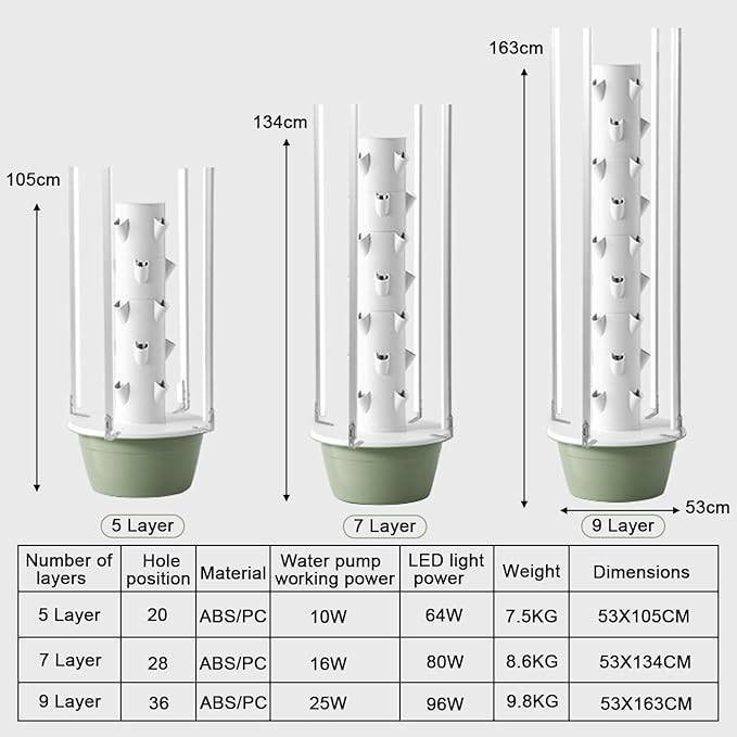 Hydroponics Growing System Hydroponic Growing Kits Hydroponics Tower with LED Grow Light with Hydrating Pump Adapter Net Pots for Herbs Fruits and Vegetables9Layer
