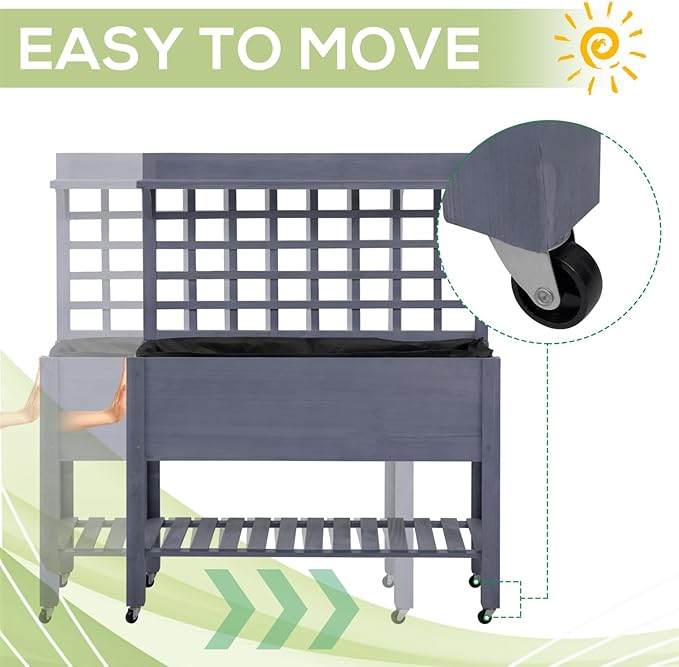 41 Raised Garden Bed with Trellis Tiered Wooden Planter Box on Wheels for Flowers Herbs &amp Vegetables Gray