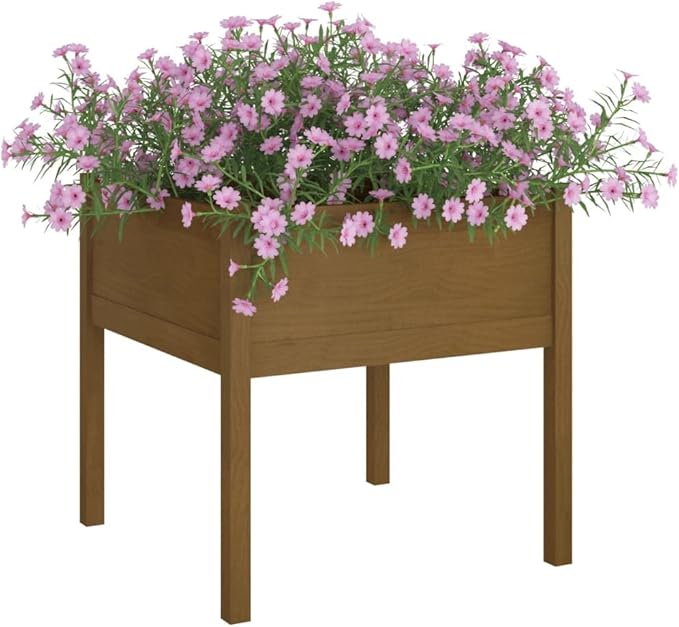 Large Garden Planter Set of 2 Honey Brown Solid Pinewood 27.6-inch Square Raised Garden Bed for Outdoor Plants Weather-Resistant Patio Herb Planters