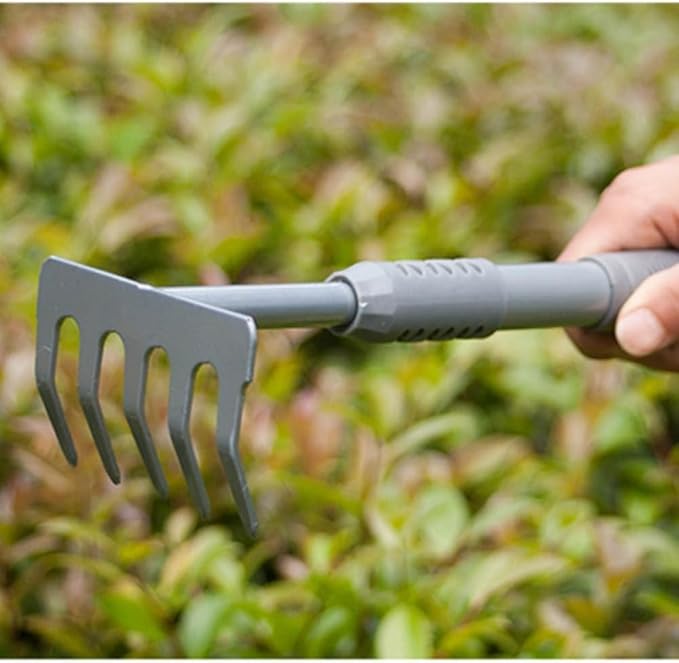 Garden Tool Set 4 PCS Heavy Duty Carbon Steel Gardening Tool Set with Non-Slip Rubber Grip Silver Rake Outdoor Hand Tools Set Beach Comb Tool Kit Gifts for Women and Men (Dual-Purpose Hoe)