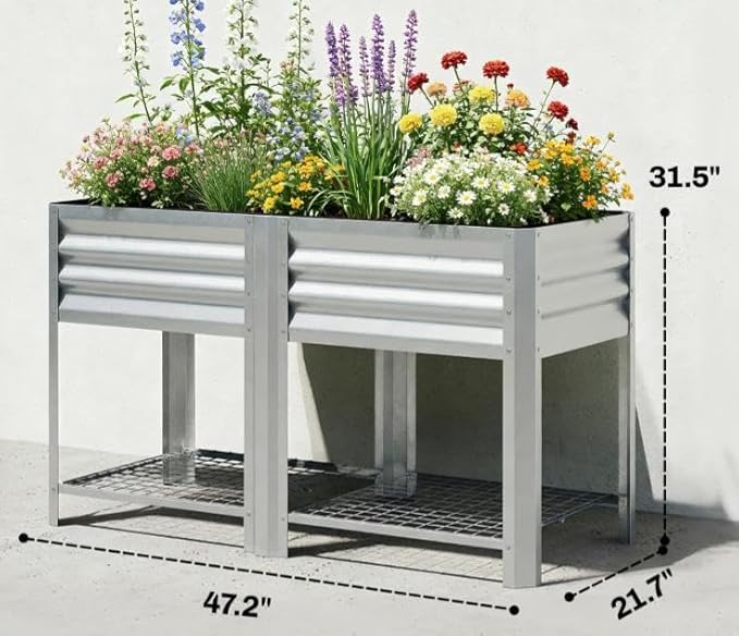 Elevated Outdoor Raised Garden Bed with Legs - 39.6-Gallon Galvanized Steel Planter Box for Patio Herbs Vegetables &amp Flowers - Ergonomic Height 33lb Storage Shelf (Silver)