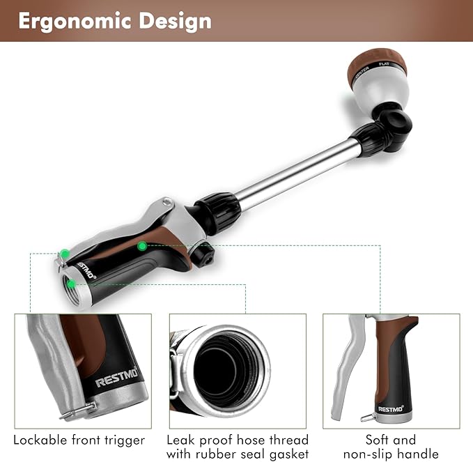 RESTMO Metal Watering Wand Heavy Duty Garden Hose Wand with 180° Swivel Ratcheting Head 16'' Hose Nozzle Sprayer with 7 Spray Patterns and Flow Control for Water Hanging Baskets and Shrubs Brown