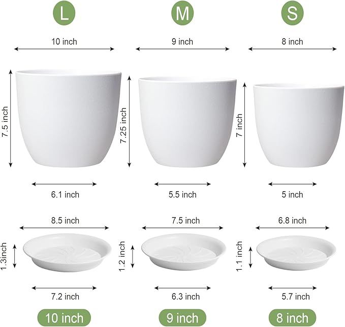 WOUSIWER Plant Pots 10/9/8 inch Set of 3 Modern Decorative Plastic Planters with Drainage Holes and Saucers for House Plants Indoor Flowers Plants White