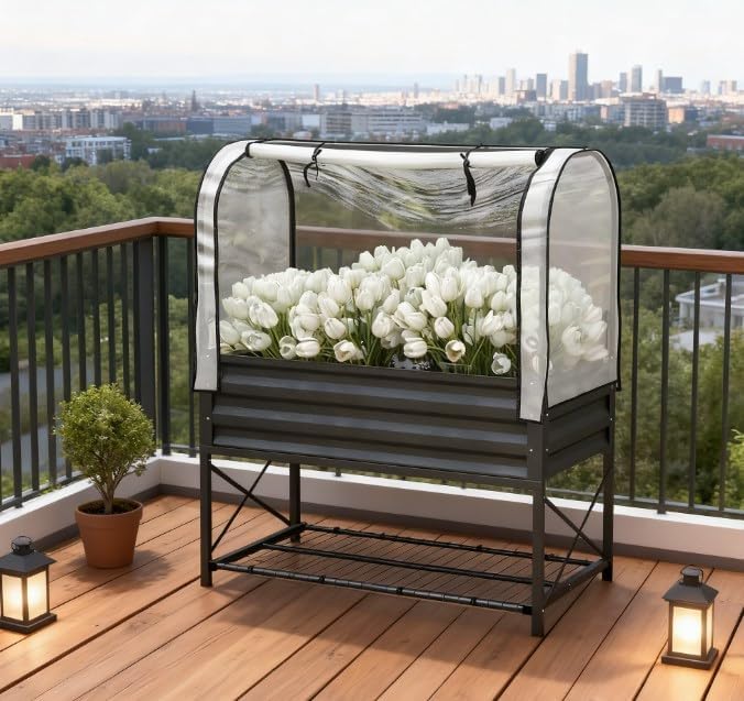Metal Elevated Planter BoxRaised Garden Bed with Legs and Coverwith Bottom Shelf and Liner for Vegetables