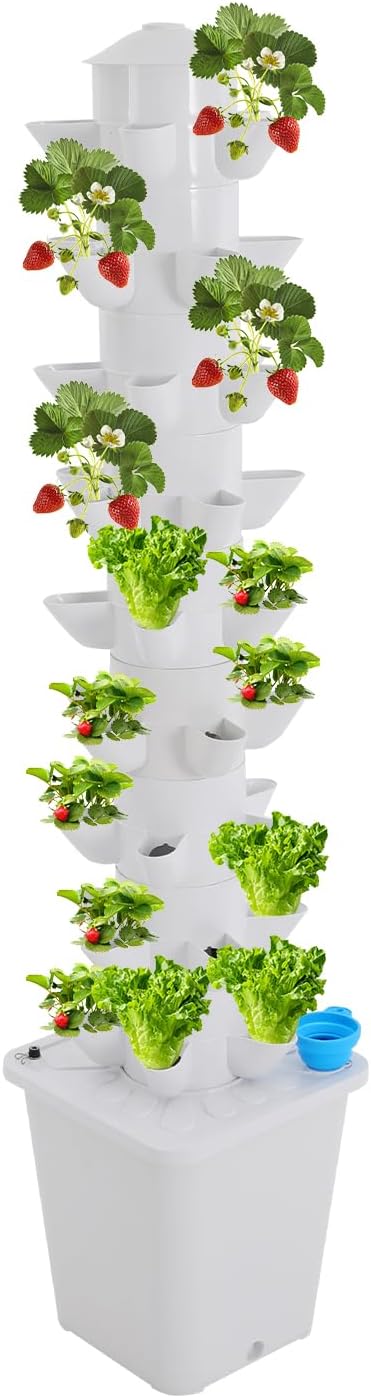 45-Pod Hydroponic Tower Growing System Hydroponic Gardening Kit for Indoor Vertical Garden - 9 Tier 45 Holes with 2.64Gal Tank &amp Pump for Vegetables Herbs Flowers - Freestanding White PP Desig