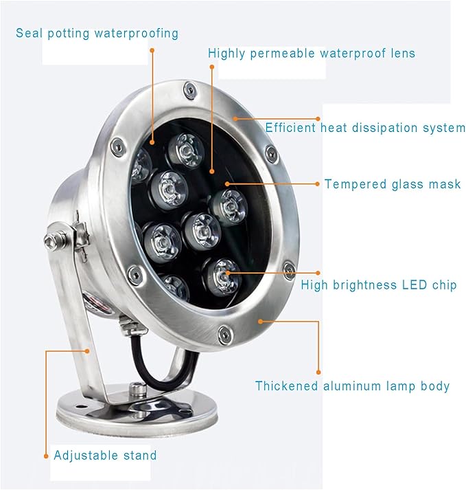 LED Underwater Lights - IP68 Waterproof Adjustable Spotlights for Pools Waterfalls and Landscape Lighting - Low Voltage AC12/24V