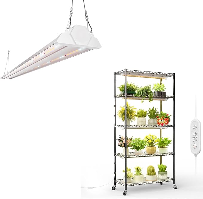FREELICHT 5 Tier Plant Shelf with 4-Pack 2FT 30W LED Grow Lights with Timer+ 1 Pack 4FT 60W Grow Light Sunlike Full Spectrum Plant Light for Hydroponic Indoor Plant Seedling Veg and Flower