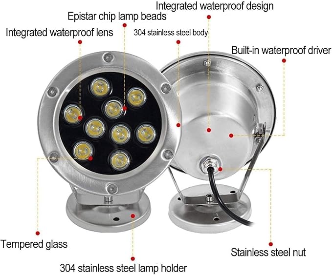 Underwater Light - 12V LED Beam Spotlight Underwater Pond Spotlight Low Voltage Fountain Lighting LED Waterproof IP68 Stainless Steel Underwater Light for Pool Fountain Pond(Warm White15W(12v))