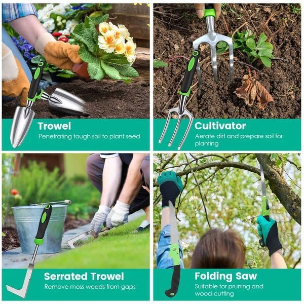 13Pcs Garden Tool Set Aluminum Alloy Gardening Hand Tools Starter Kit with Garden Bag Heavy Duty Outdoor Hand Tools with Non-Slip Ergonomic Handle for Plant Gardening