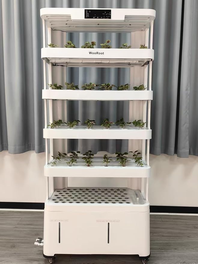 WooRoot Hydroponic Growing System 5-Tier NFT Tower with 148 Pods 100W Full-Spectrum LED Grow Lights Dual Water Reservoirs Smart Timer Control for Indoor Home Education &amp Commercial Growing
