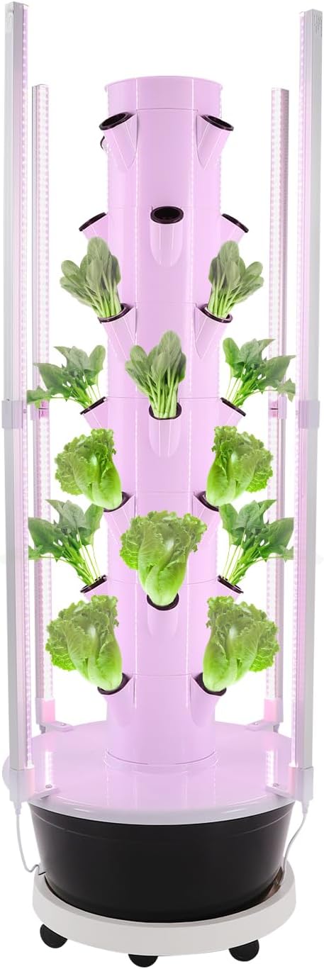 Hydroponic Growing System 28-Plant Vegetable Planter Tower with LED Light Outdoor Indoor Garden Vertical Planter Germination Kit with Water Pump Intelligent Water Circulation &amp Timer Function