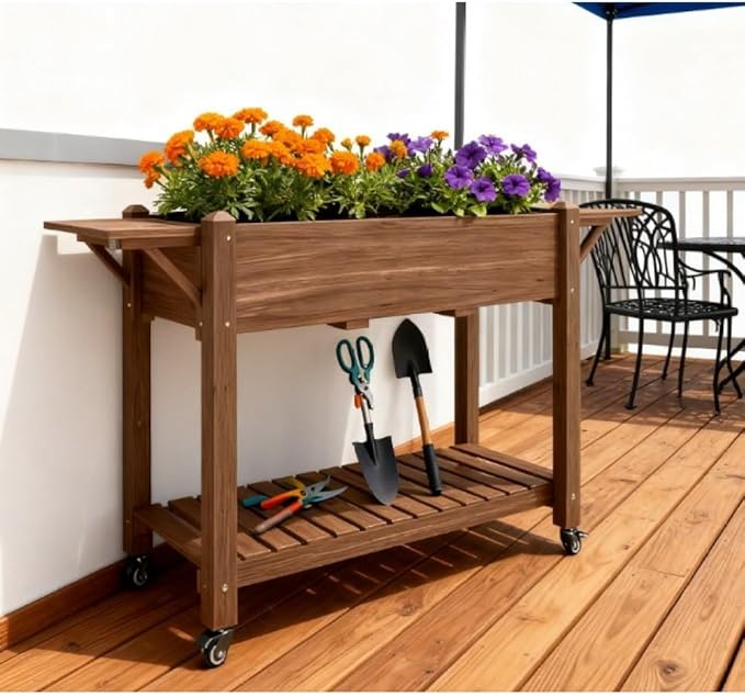 Sturdy Wooden Raised Garden Bed with Lockable Casters Built-in Side Shelves and Drainage System for Easy Urban Gardening (Black+Brown + Wood)
