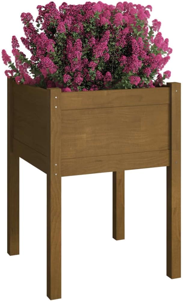 Planter Honey Brown Solid Pinewood 19.7x19.7x27.6 in Sturdy Square Outdoor Raised Garden Bed for Patio Balcony Deck
