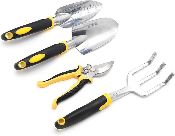 5-Piece Garden Tool Set with Heavy Duty Cast Aluminum Head - Transplanting Spade Cultivator Pruner Shovel &amp Gardening Gloves