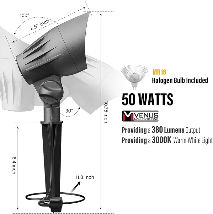 VENUS MANUFACTURING Low Voltage Landscape Spot Light Landscape Lighting Kits 380 Lumen Waterproof 50W Halogen Outdoor Spotlights 12V 3000K Warm White Metal Tree Lights for Garden &amp Yard