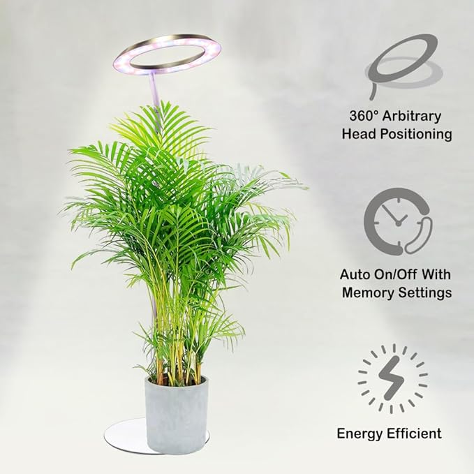 Qux 10” Halo Pro Grow LightFull Spectrum LED Freestanting Plant Grow Lamp with 3 Kind of Light Colors switchover &amp 10-Level DimmableAuto On Off Timing 4/8/12Hrs for Indoor Larger Plants (Gold)