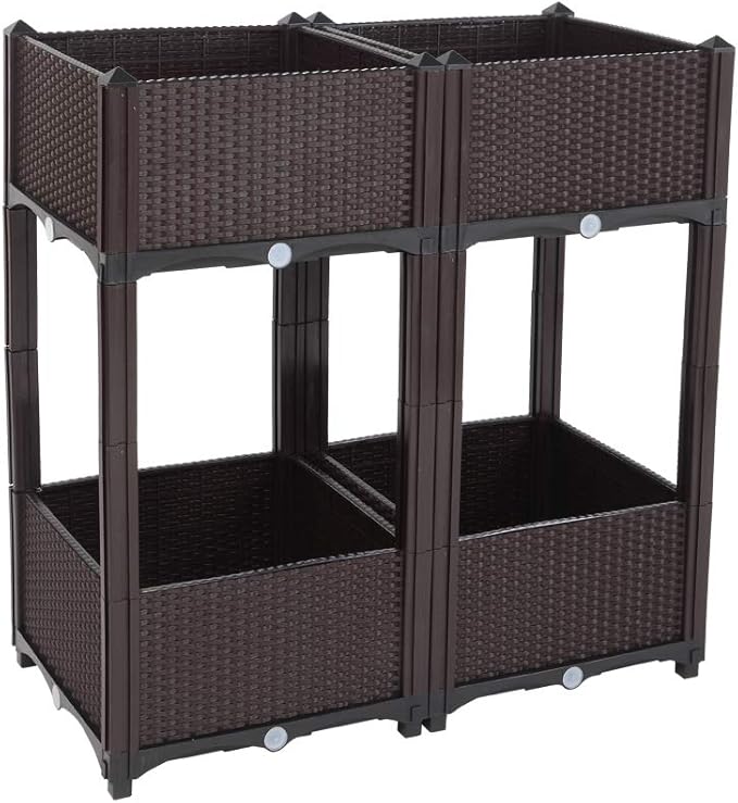 Raised Garden Bed with Legs Outdoor Plastic Elevated Planter Box Free Splicing Growing Bed with Rattan Pattern &amp Drainage Holes for Vegetables Herbs and Flowers Brown 4 Sets