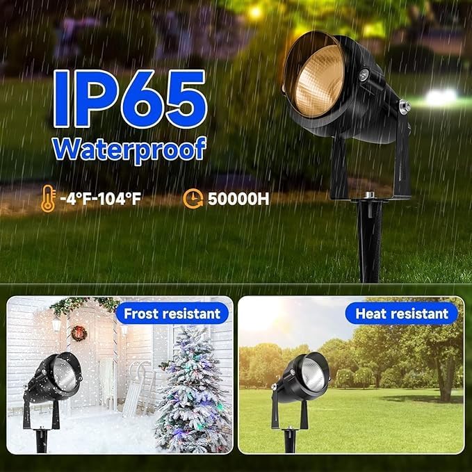 Warm White Yard Spot Lights Outdoor Spotlights 3000K 120V 10W IP65 Waterproof Metal Case Landscape Lighting Outside Uplights with Spiked Stand for House Pathway Tree Flag Front Porch 4 Lights