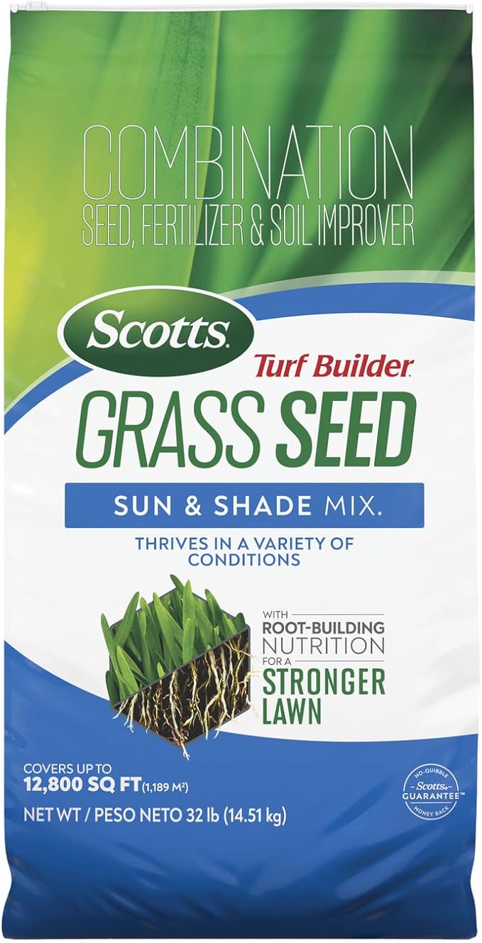 Scotts Turf Builder Grass Seed Sun and Shade Mix with Fertilizer and Soil Improver Thrives in Many Conditions 32 lbs.