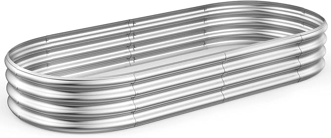 Raised Garden Bed GRS Certified Galvanized Planter Box Outdoor  6.5ft Oval Rot-Resistant Metal Garden Bed Planter Recycled Eco-Friendly Material Planter for Vegetables Flowers Herbs (Silver)