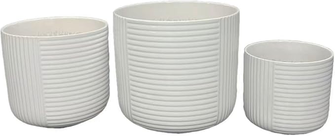 Planter Set of 3 White Ceramic Ribbed Texture Pots 12 10 8 Inch