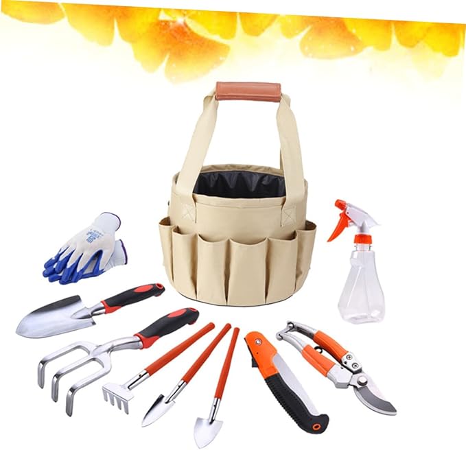 SUPVOX 10pcs Aluminum Alloy Garden Tool Set with Plastic Handles Including Wide Shovel Rakes Hand Saw Pruner Gloves and Watering Can Portable Gardening Kit for Random Color