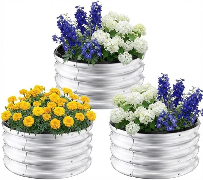 IDEALHOUSE Metal Raised Garden Bed 3 Pack 2×2×1 ft Round Outdoor Planter Boxes Durable Galvanized Steel Containers for Vegetables Fruits Flowers Open Bottom Easy Assembly Unfinished