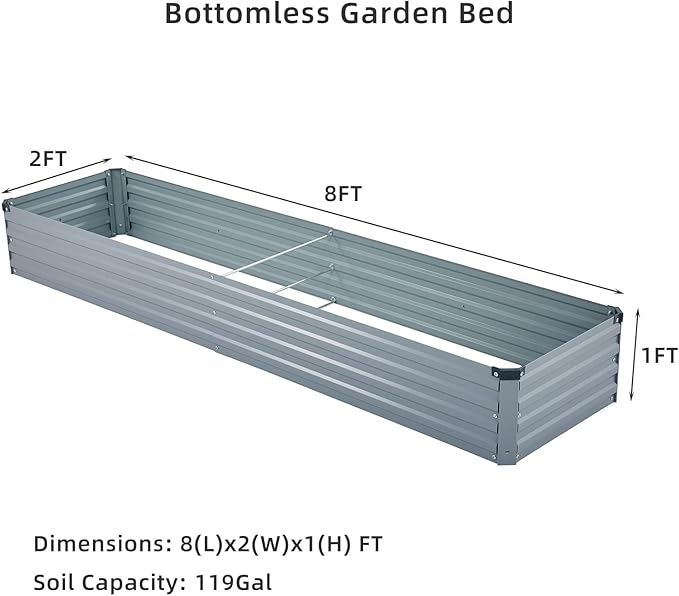 2 Pack 8x2x1FT Galvanized Raised Garden Beds Kit Outdoor Metal Gardening Planter Box for Vegetable Elevated Flower HerbsGray