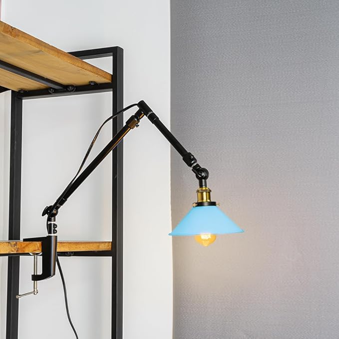 Clip Mount Plant Growing Stand Socket Light E26 Base 15Ft Timer Switch Cord Adjustable Length Blue Shade for Indoor Desk Or Shelf Plants(No Bulb)