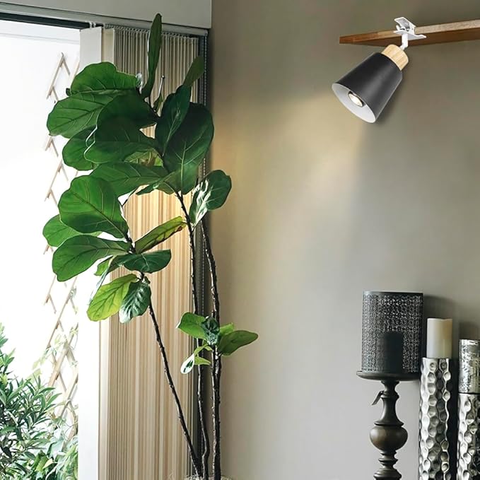 Clip Mount Adjusted Angle 5.9Ft Plug in Timing Cord Plant Light Full Spectrum 4500K 10W Modern Wood Base Black Metal Clamp Light for Indoor Plants Flowers