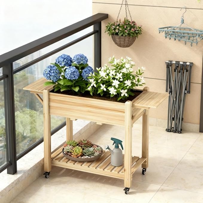 Optimal Elevated Garden BedWood Raised Planter Boxwith Lockable WheelsSide TablesBottom ShelfDrain Holes