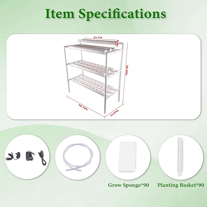 Hydroponic Grow Kit 3 Layer 90 Plant Sites 10 Food-Grade PVC-U Pipes Hydroponics Planting System with Water Pump Pump Timer Nest Basket and Sponge for Leafy Vegetables