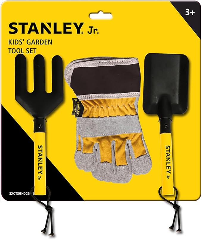 Stanley JR Garden Hand Tool 3 Piece Set | Hand Spade | Hand Fork | Work Gloves