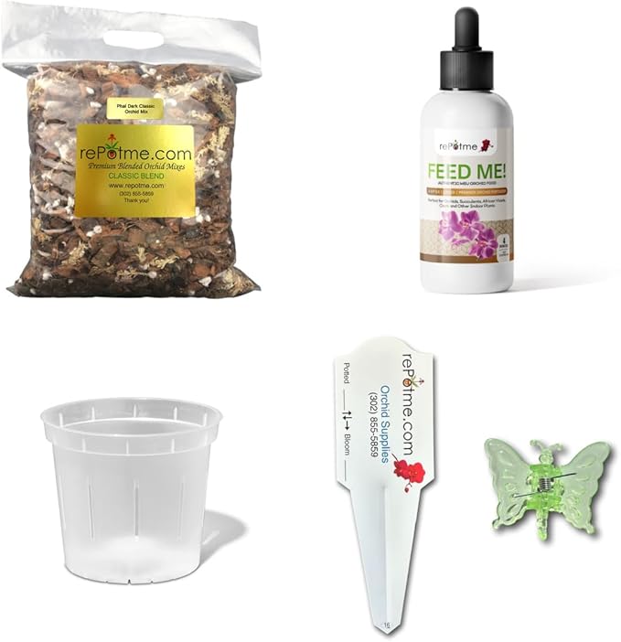 rePotme Deluxe Orchid Starter Kit - Phalaenopsis Dark Classic - (Includes Orchid Potting Mix Orchid Fertilizer Plus a 5 inch Orchid Pot Flower Clip and Plant Label)