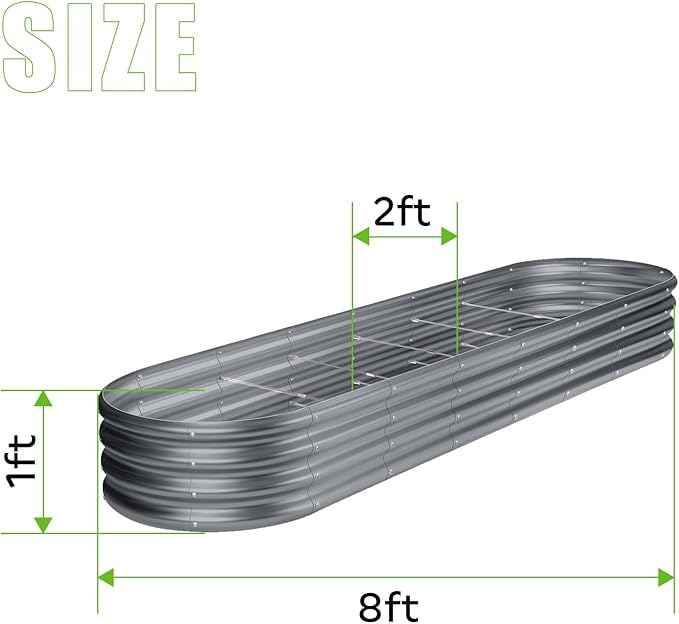 Land Guard 8×2×1ft Galvanized Raised Garden Bed Kit 108 Gallon Capacity Raised Garden Boxes Outdoor Oval Metal Raised Garden Beds for Vegetables Modern Grey(with 10 Connecting rods)