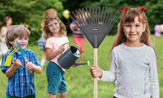 Superio Kids &amp Adult Set Rakes with Hardwood Handle Durable Plastic Head to Sweep Leaves in Lawn and Tidying Up The Garden Kids Size 34 Adult Size 61