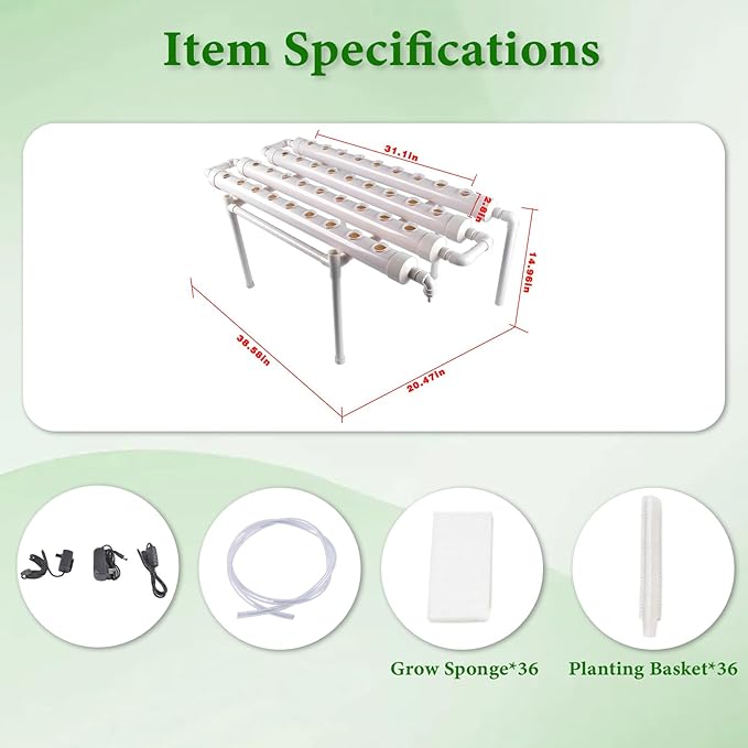 Hydroponic Grow Kit 1 Layer 36 Plant Sites 4 Food-Grade PVC-U Pipes Hydroponics Planting System with Water Pump Pump Timer Nest Basket and Sponge for Leafy Vegetables
