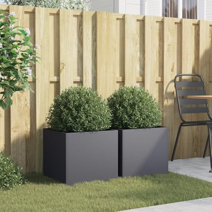 Set of 2 Cold Rolled Steel Square Planter Boxes 15.7 x 16.5 x 15.4 in Matte Anthracite Raised Planter for Patio Balcony Garden and Indoor Spaces